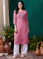 Cotton Pink Casual Wear Hand Work Readymade Kurti With Pant